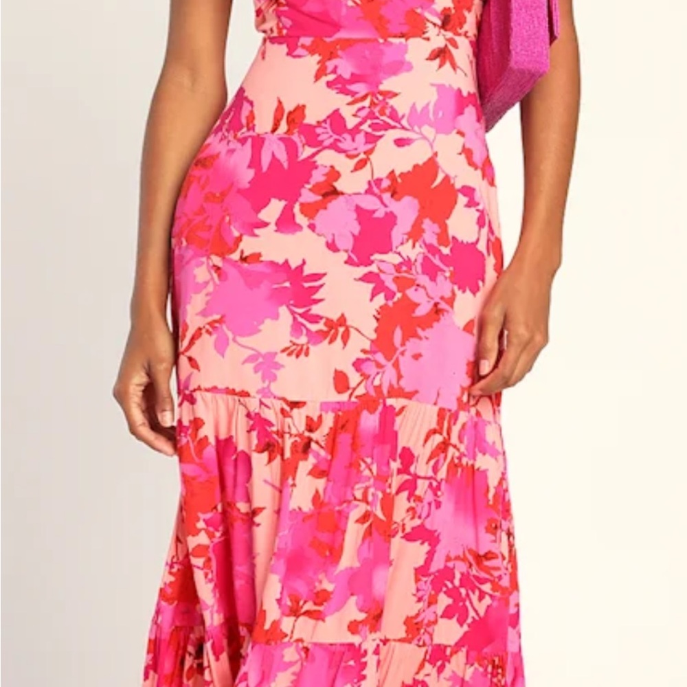 Lulu's Hot Pink and Red Floral Halter Midi Dress like new ..dry cleaned. - Picture 2 of 6